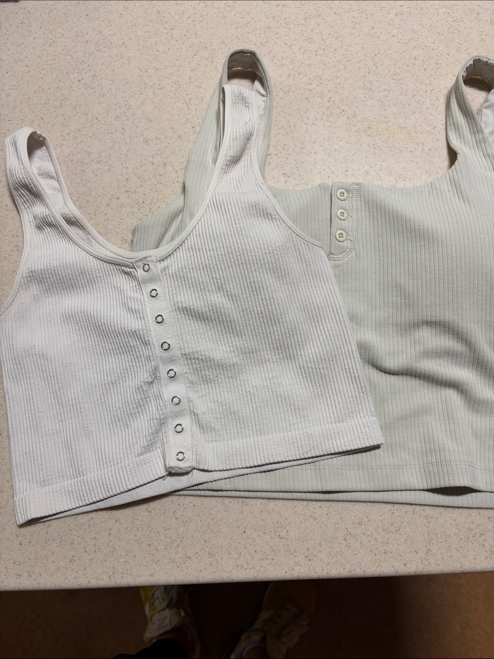 Ribbed Tank Crop Tops with Front Buttons - White & Off White